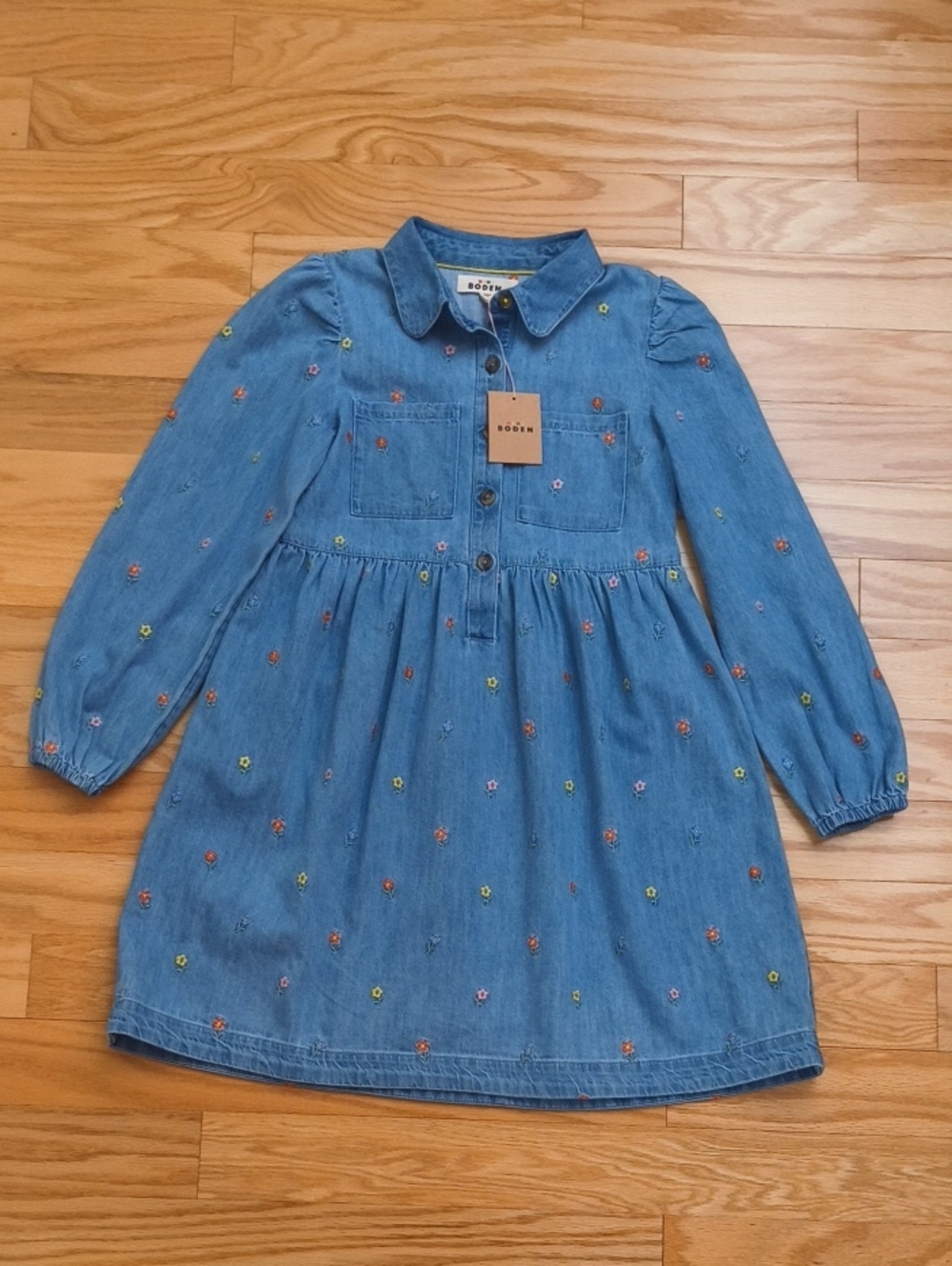 Mini Boden Long Sleeve Denim Dress Floral Embroidery Size 11/12 NWT